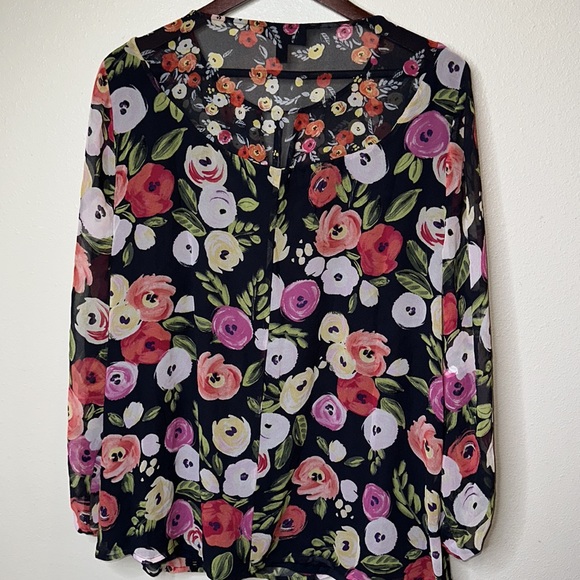 Lane Bryant Floral VNeck Tunic Top Women Sheer Lined Tassle Bulb Sleeve Sz 18 - Picture 4 of 8